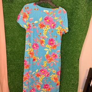 Vintage Talbots Blue Floral Linen Blend Maxi Dress Size 8 Side Button